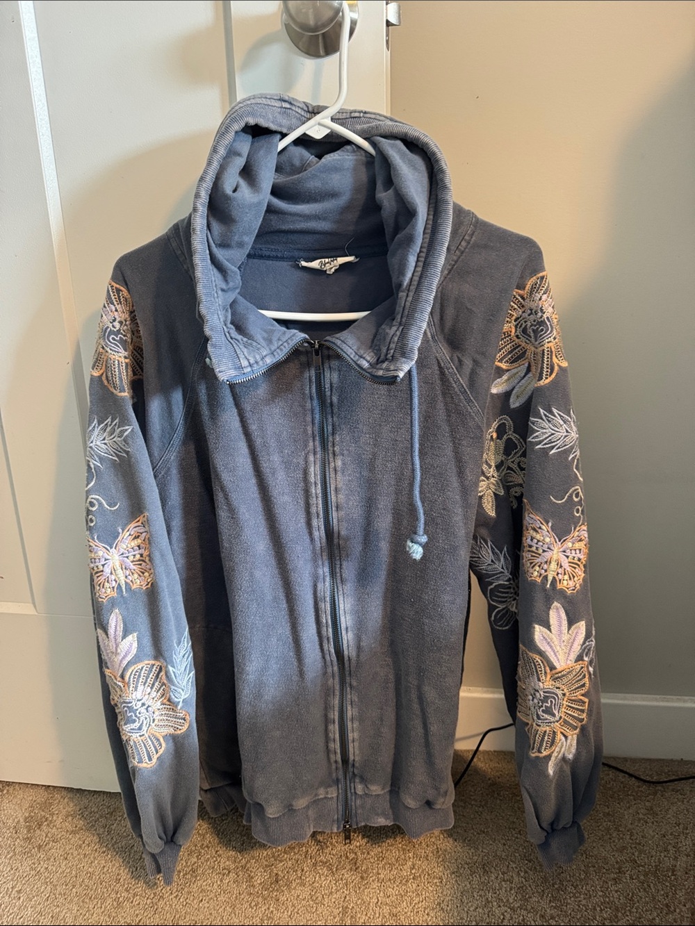 Women's Embroidered Hooded Zip Bomber Jacket - Slate